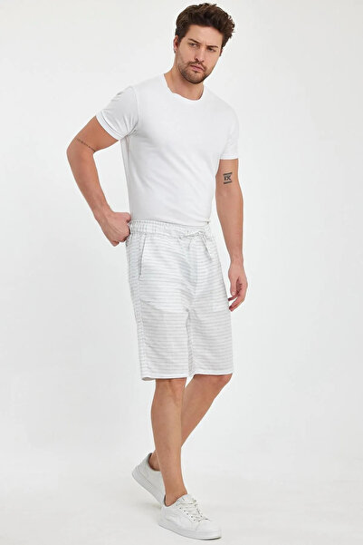 DAMGA JEANS Erkek Yazlık Beli Lastikli Rahat Pamuklu Çizgili Şort Beyaz