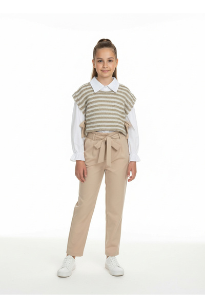 KUMRUNUN DÜNYASI Girl's Ruffled Sleeve Collar Shirt Knitwear Sweater Trousers 3-Piece Top and Bottom Set
