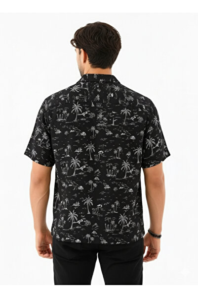 STITCH by MH Men's Black Tropical Print Short Sleeve Cotton Shirt
