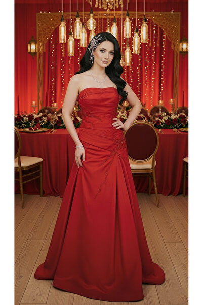 Lumora KIRMIZI STRAPLEZ BONCUK İŞLEMELİ DÜĞÜN NİŞAN KINA ABİYE ELBİSE