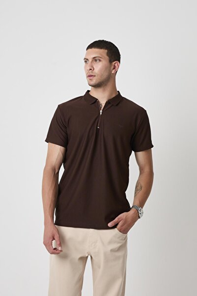 DAMGA JEANS Ανδρικό κοντομάνικο μπλουζάκι με φερμουάρ καφέ πόλο γιακά