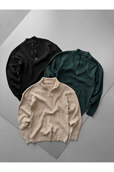 pepule 3 قطع من سترة تريكو رجالية قماش مجدّل بياقة نصف سحاب باللون الأسود والبيج