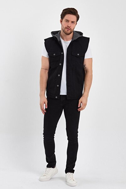 DAMGA JEANS Зручний крій, принт, капюшон, ґудзики, джинсова куртка-жилет, чорна