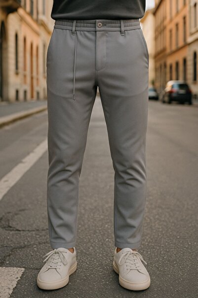 DAMGA JEANS Erkek Beli Lastikli Bol Paça Esnek Gri Pantolon