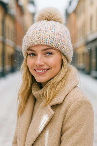 BALIENTE Tricotaj cu pompon bej, tricotat pentru femei