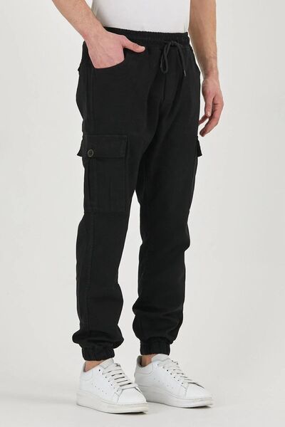 DAMGA JEANS بنطال رياضي أسود مرن للرجال مع جيوب كارجو