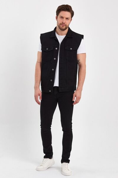 DAMGA JEANS Comfortable Pattern Text Printed Denim Buttoned Denim Vest Black