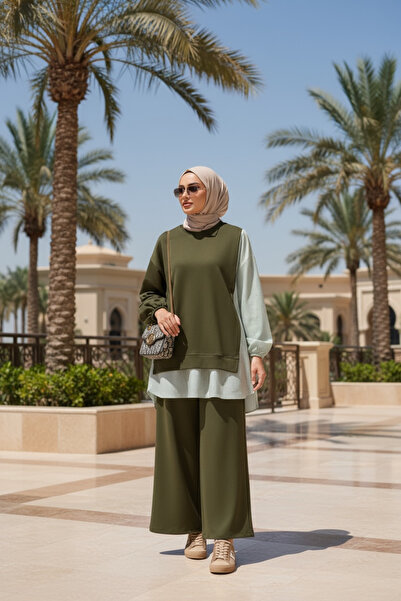 Aselim Hijap Moda Line Shirt Detailed Tunic Double Suit |   Green with Pockets, Wide Legs and Tunic