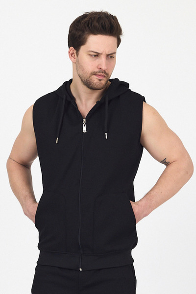 DAMGA JEANS Men's Hooded Sleeveless Zippered Summer Long Black Sweat Vest