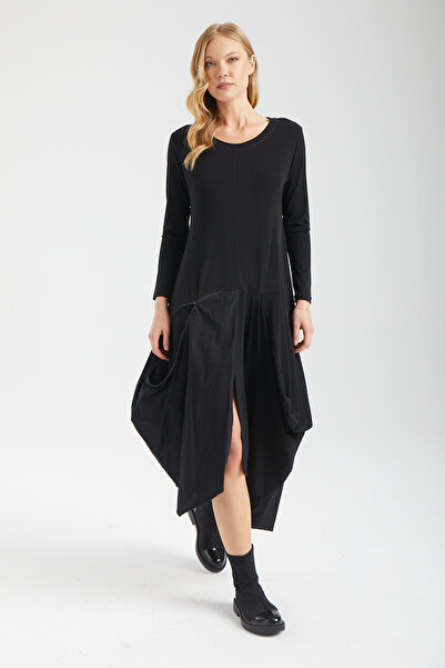 IMBUE Technical Cotton Paneled Asymmetrical Zippered Black Midi Dress