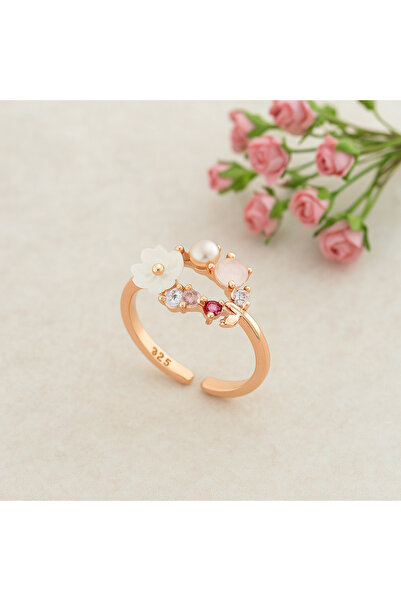 Siset Gümüş 925 Ayar Rose Kaplama Manolya Çiçekli Renkli Taşlı Gümüş Yüzük