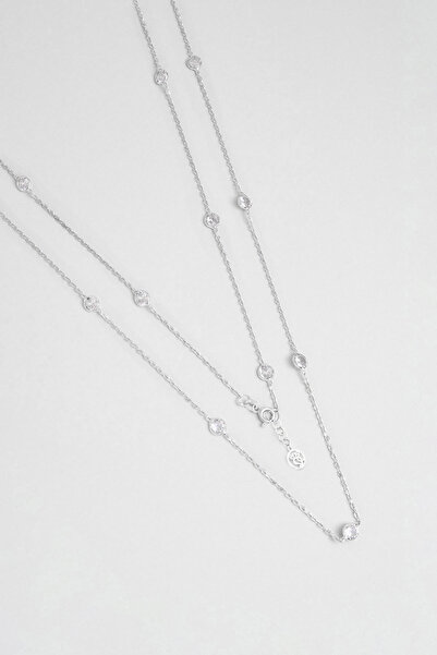 So CHIC... Beyaz Taşlı 18 Ayar Beyaz Altın Kaplama Gümüş Uzun Kolye