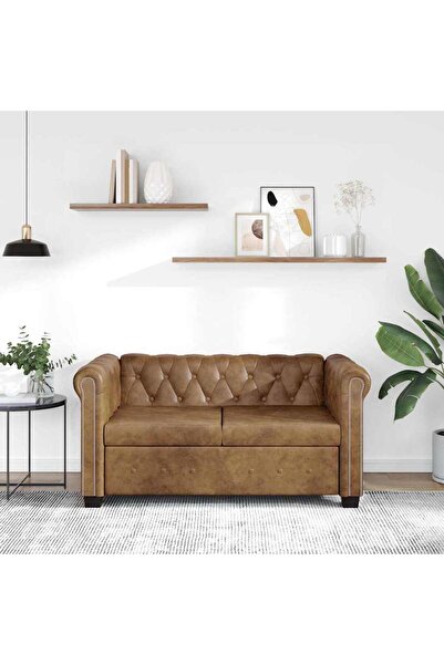 vidaxl أريكة تشيسترفيلد ذات مقعدين من الجلد الصناعي باللون البني