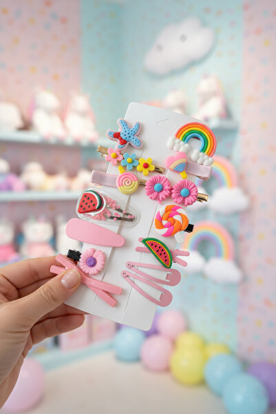 BATU GİYİM Ροζ Σετ κλιπ για παιδιά και κοριτσάκια με κίτρινες αγκράφες 14 τεμ...