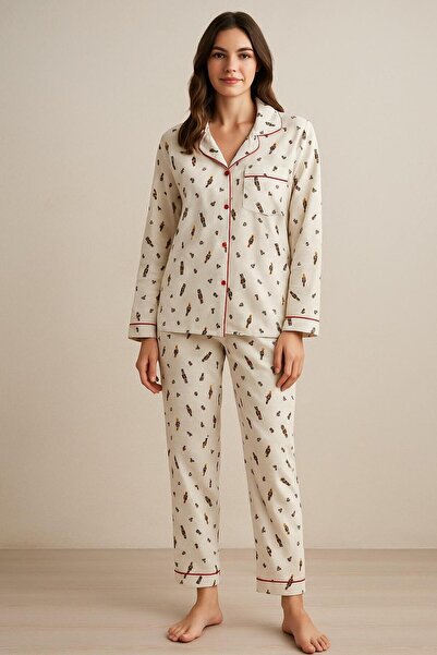 Katia&Bony Women's New Year's Themed Pajama Set Ecru