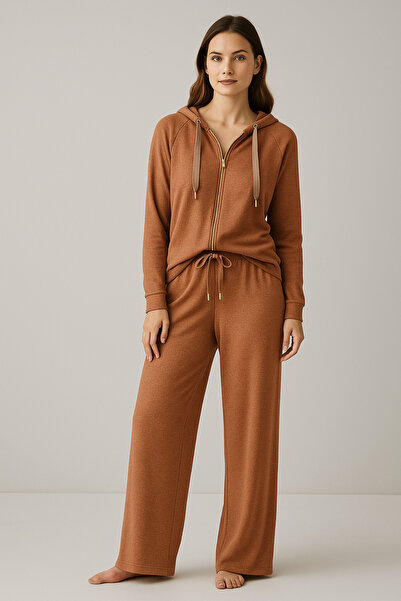 Katia&Bony Γυναικείο φούτερ με φερμουάρ μπροστά και κουκούλα Moka