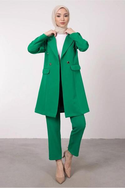 TRENDTESETTÜR KADIN YEŞİL (BENETTON) KRUVAZE YAKA BELİ LASTİKLİ İKİLİ KREP TA...