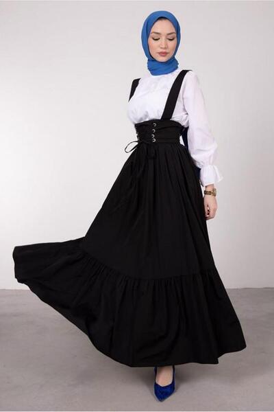 TRENDTESETTÜR Women's Black Belted Lace-Up Detail Salopet Dress t 60042