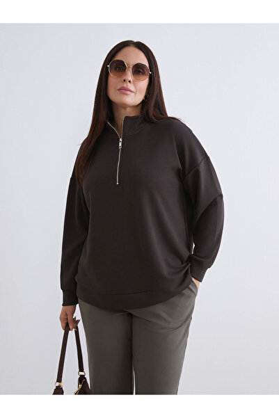 LC Waikiki Brown Plus Size Stand Collar Women's Sweatshirt