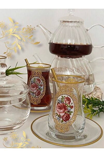 SAMSA Gold Rose Patterned Model Glass Cup Plate 6-Person Tea Set 6-Person Tea Set