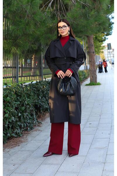 Dadali Double-Breasted Trench Coat with Collar Sleeves and Belt Detail Black