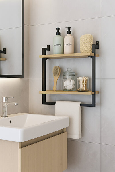 Euromob 40x20 cm Banyo Rafı Duvara Monte Havluluk 2 Katlı Dekoratif Düzenleyi...