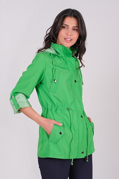 Spazio Goudot Kapüşonlu Mevsimlik Parka – Beli Büzgülü, Çıtçıt Detaylı YEŞİL