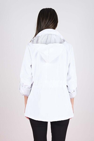 Spazio Goudot Kapüşonlu Mevsimlik Parka – Beli Büzgülü, Çıtçıt Detaylı BEYAZ