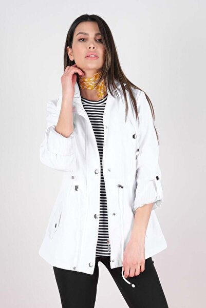 Spazio Goudot Kapüşonlu Mevsimlik Parka – Beli Büzgülü, Çıtçıt Detaylı BEYAZ