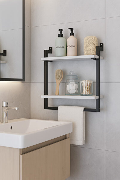 Euromob 40x20 cm Banyo Rafı Duvara Monte Havluluk 2 Katlı Dekoratif Düzenleyici Organizer Siyah Metal
