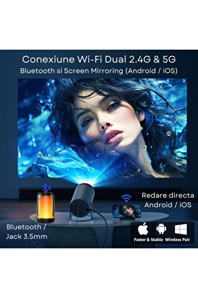 varioshop Proiector portabil inteligent 4K VarioShop®, 1200 lumeni, Wi-Fi 2.4/5G/BT4.1, Bluetooth 5.0, Android TV