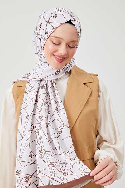 FİVESCARF Chocolate Brown Geometric Pattern Violet Medina Silk Shawl