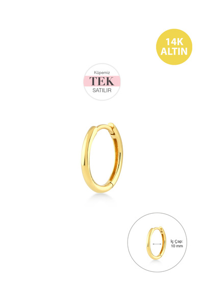 KURSHUNI Sade Taşsız (10mm) Helix Hoop, 14 Ayar Altın Küpe (TEK Satılır)