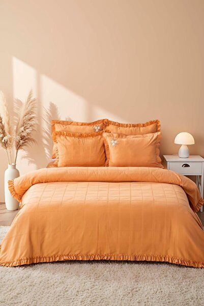 Rivaİstanbul Fiorella Orange Double 100% Cotton Embroidered Bedspread Set 6 Piece Sleep & Dowry Set