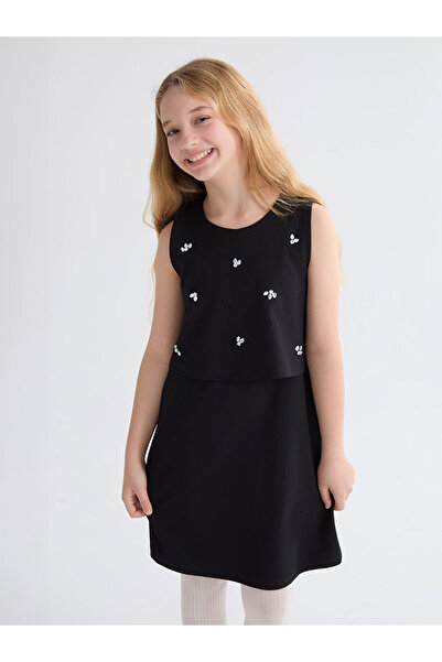 LC Waikiki Vizyon Yeni Sezon Bisiklet Yaka Taşlı Kız Çocuk Elbise