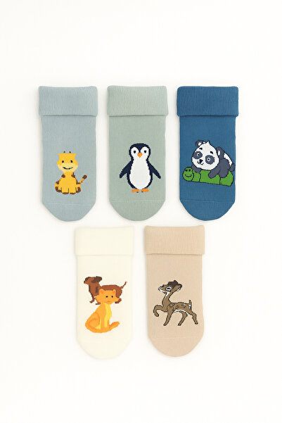 MEM SOCKS 5-Piece Organic Cotton Stitch-Free Non-Slip Towels (Thick) Children-Baby Socks