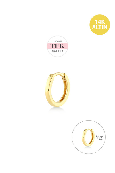 KURSHUNI Sade Taşsız (8mm) Helix Hoop, 14 Ayar Altın Küpe (TEK Satılır)