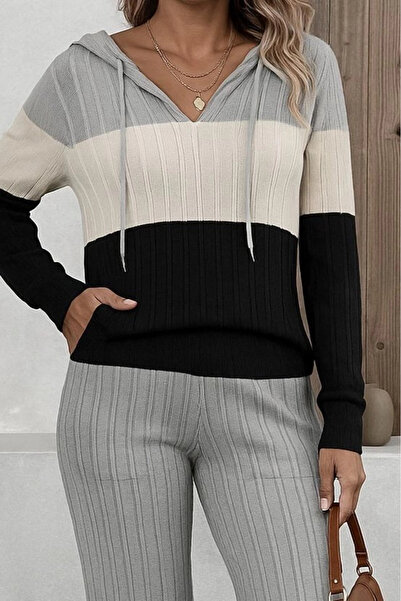 TBL DEKOR Women's Long Sleeve Hooded Lace-Up Block Color-Shaped Camisole Blouse and Pants Double Set