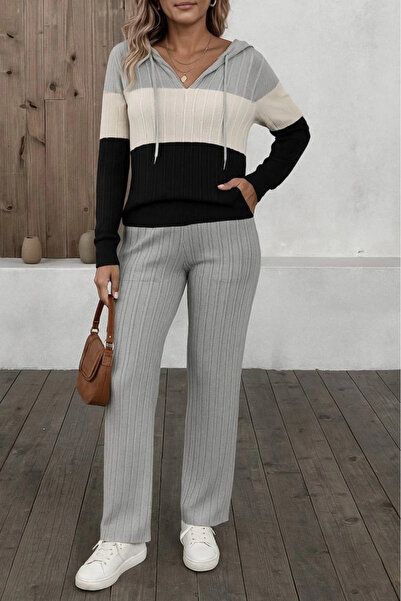 TBL DEKOR Women's Long Sleeve Hooded Lace-Up Block Color-Shaped Camisole Blouse and Pants Double Set