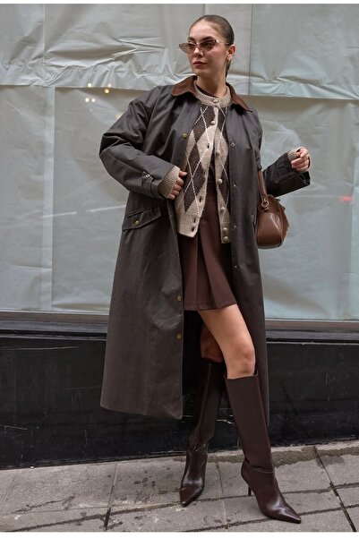 BZ BUTİK 100% Cotton Waxed Fabric Velvet Collar Long Trench Coat