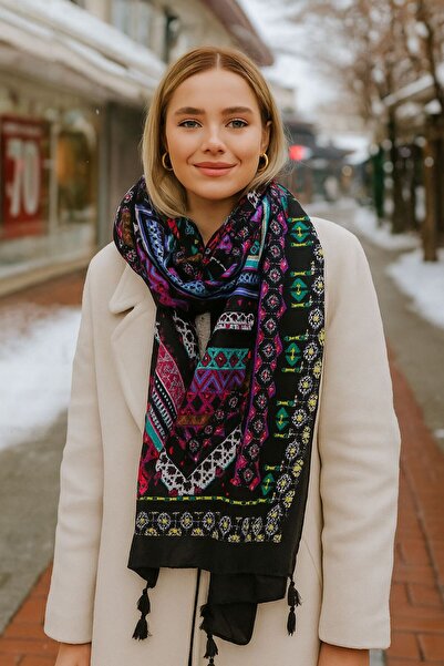 Axesoire 15239 Patterned Tasseled Black Shawl