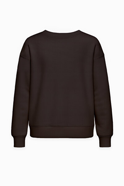 Amia&Co. Bitter Brown Crew Neck Fleece-Lined Printed Oversized Sweatshirt