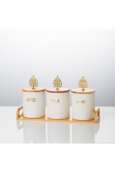 Malooki Set of 3 porcelain containers with lids and bamboo stand – ribbed model