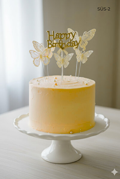 PASTRY PLANET Pasta Üstü Happy Birhtday & Kelebek Süs Seti Gold