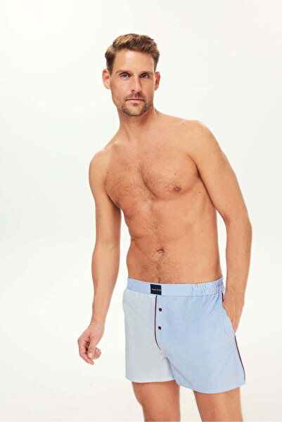 House of Silk Lyron Unisex Koton Çizgili Şort Mavi