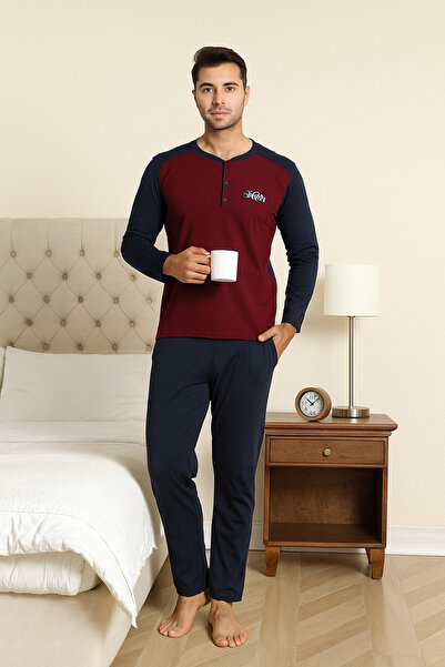 LİLA İÇ GİYİM Men's Combed Cotton Pocketed Pajama Set - Burgundy