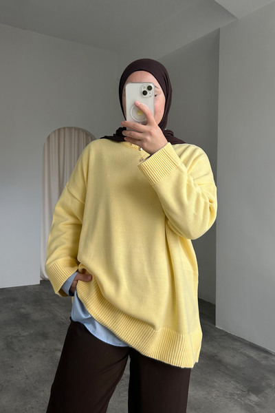 HYWONA Kadın Bisiklet Yaka Oversize Triko Tunik Kazak Sarı