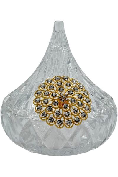 B&D Crystal-Style Decorative Bowl with Gold Crystal-Adorned Lid, Diamond Pattern (Transparent)