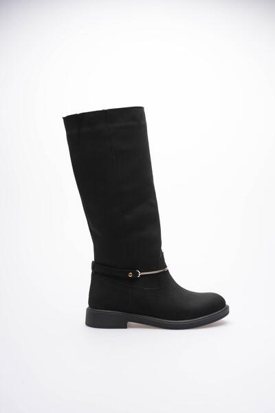 Mubiano Women's Suede Pull-On Boots with Gold Buckle Black Rionna