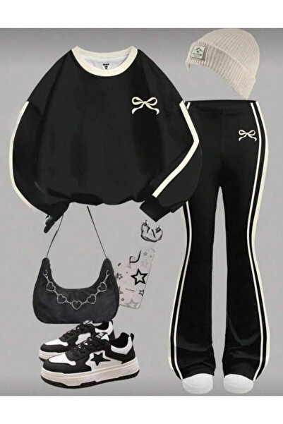 npLStore Girl's Ribbon Printed Crew Neck Sweatshirt Flared Tracksuit Set